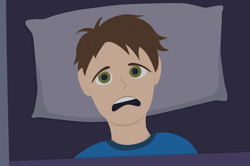 terrified man laying in bed